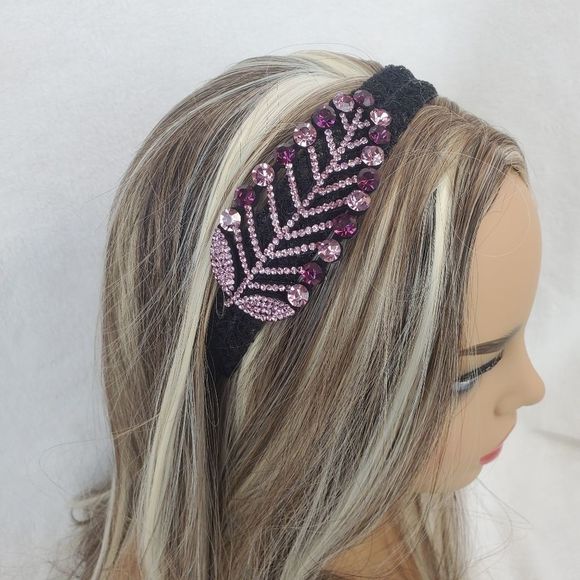 Purple Crystals Leaf Black Lace Hair Band - Picture 2 of 8